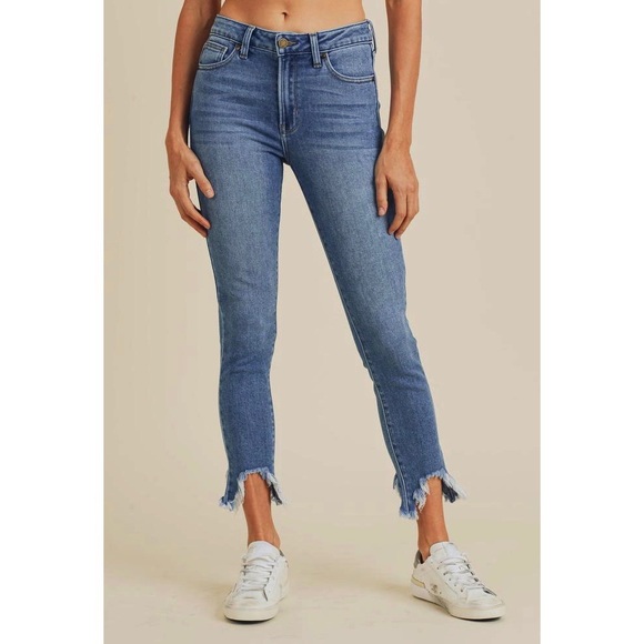 JUST BLACK High Rise Med Wash Distressed Hem Denim - Picture 3 of 9